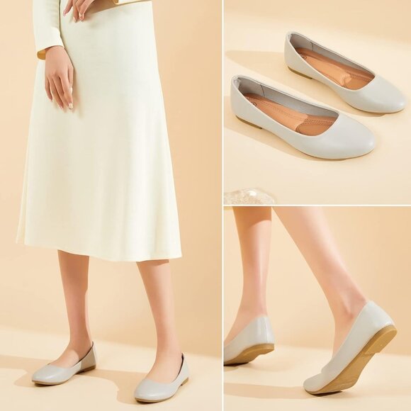 Women's Light Grey PU Leather Closed Toe Slip on Comfortable Ballet Flats Shoes - Picture 2 of 6